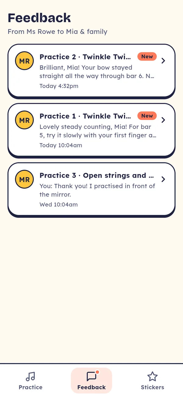 A family's feedback page, listing messages from the teacher about each practice session.