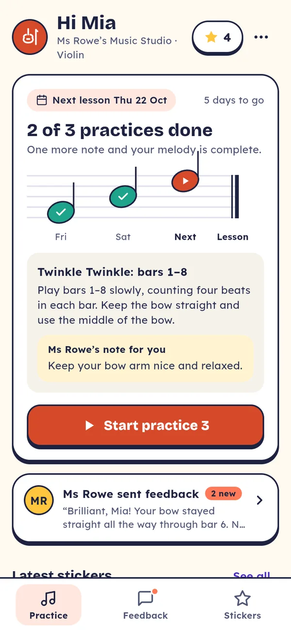 A pupil's practice page: two of three practice sessions done before the next lesson, shown as notes on a stave, with the piece to practise and the teacher's note.