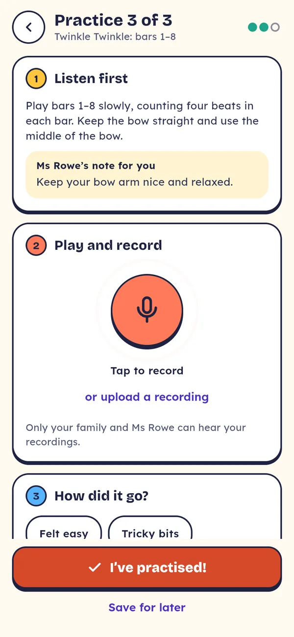 A practice session on a phone: listen first, then play and record, then say how it went, with a note that only the family and the teacher can hear recordings.